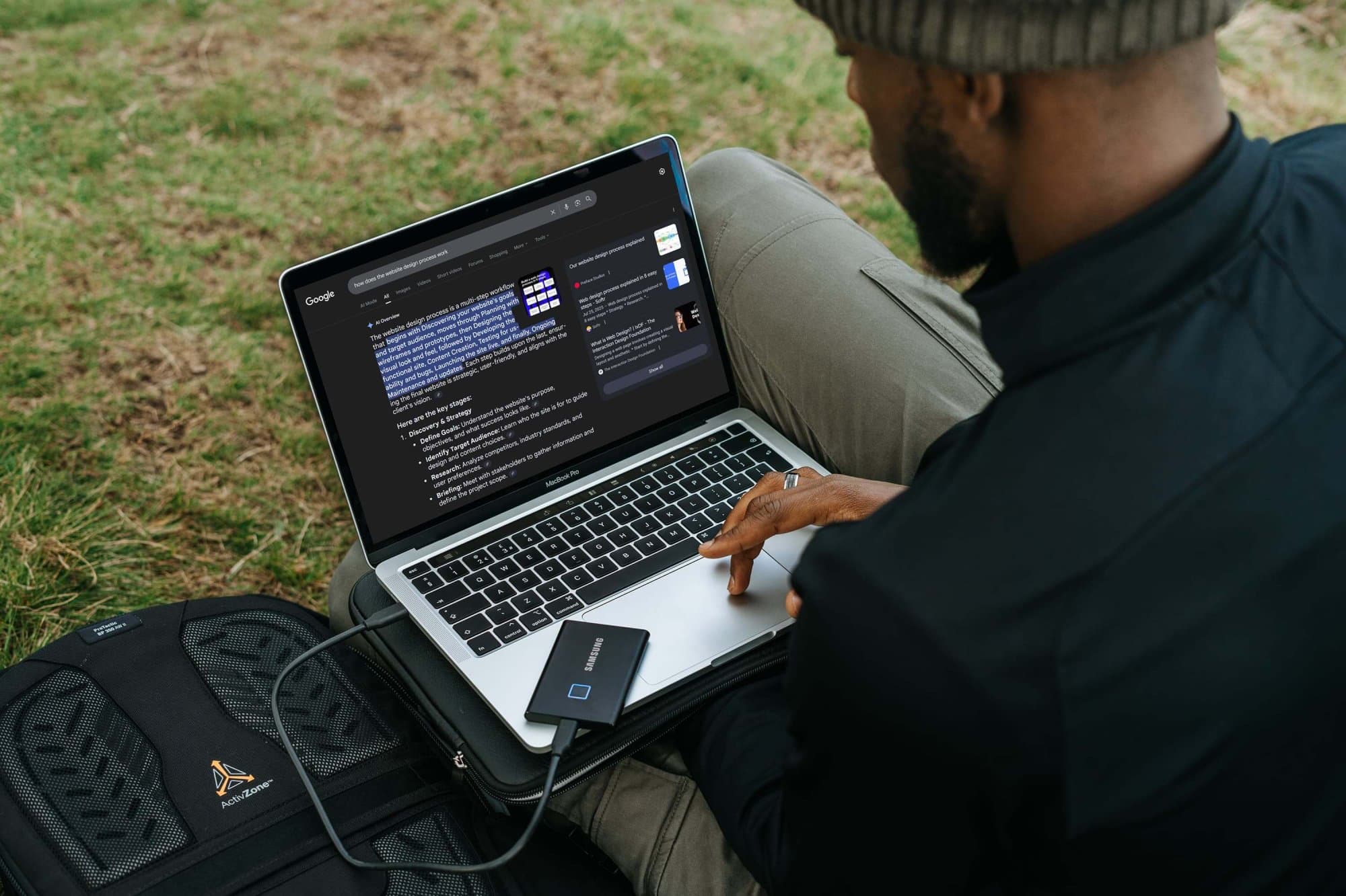 Man using google search with AI answers