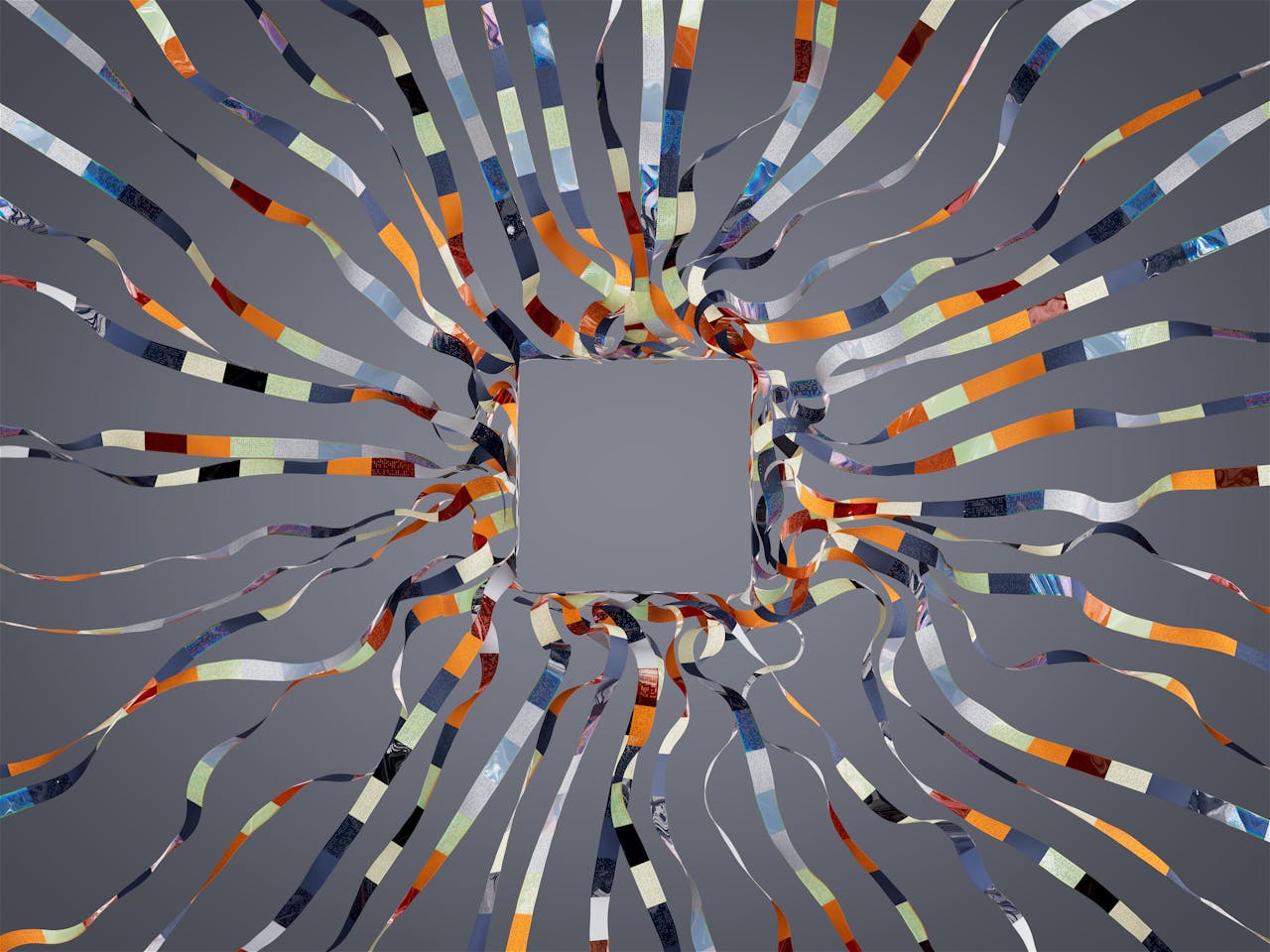 Abstract AI-inspired design with multicolored data ribbons flowing into a central square, symbolizing generative engine optimization and AI search processing.