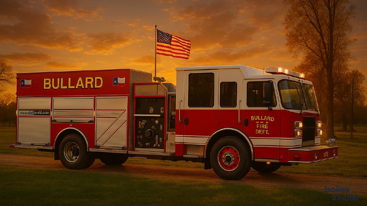 Bullard, Texas firetruck with American flag at dusk.