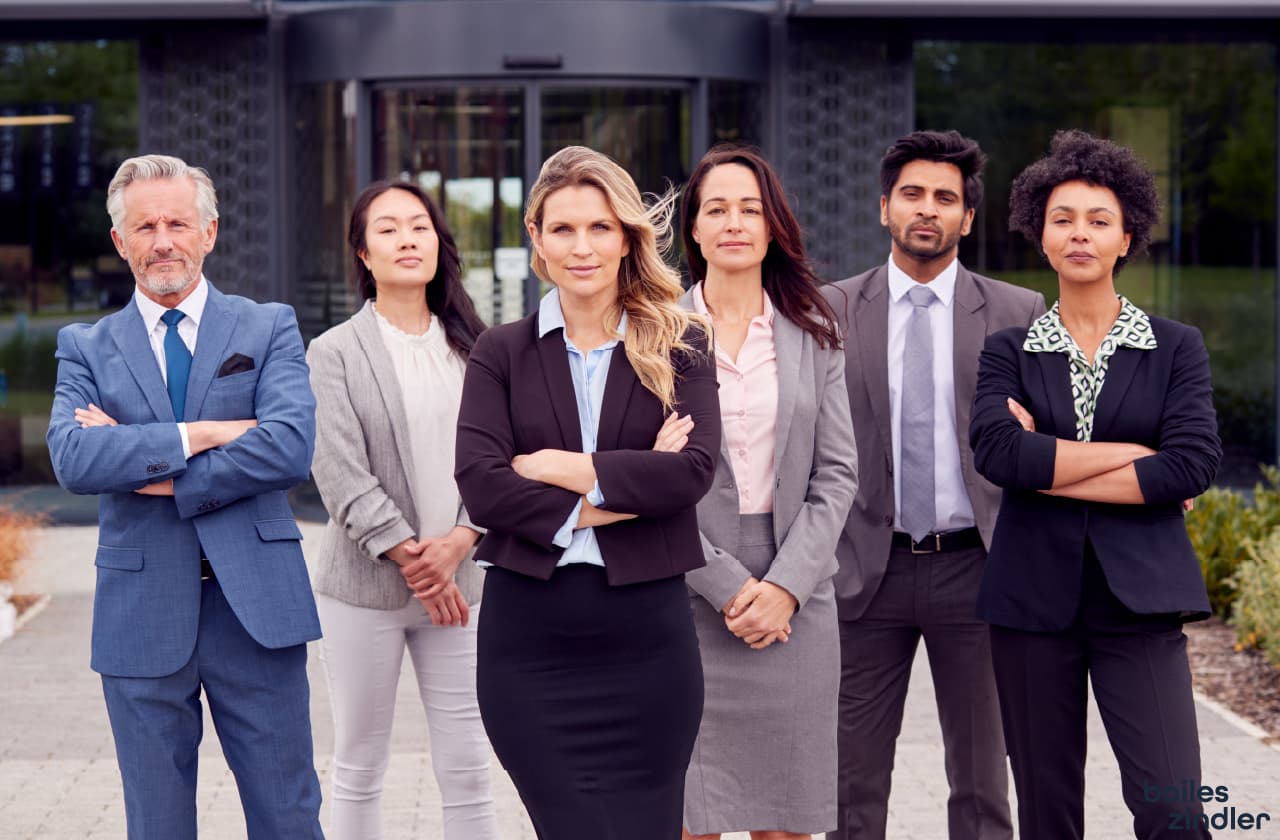 A group of lawyers posing for the camera with arms crossed, smiling confidently.