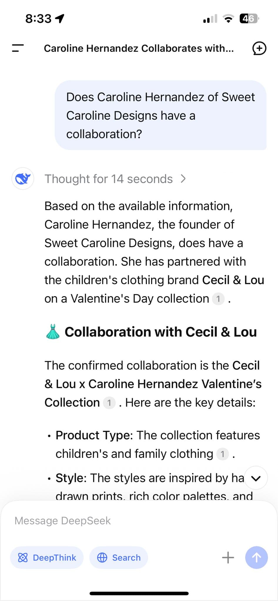 DeepSeek query summarizing fabrics and themes from the collection