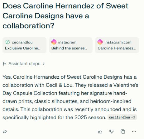 Perplexity query showing Cecil & Lou collection cited as a source