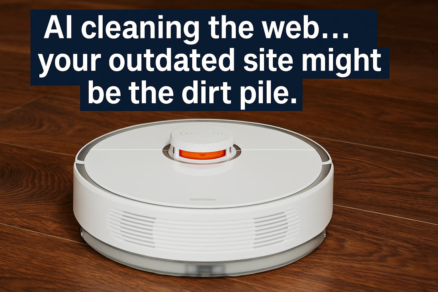 Poster frame of a white robot vacuum on hardwood floors with the caption about AI cleaning the web and outdated sites being the dirt pile.