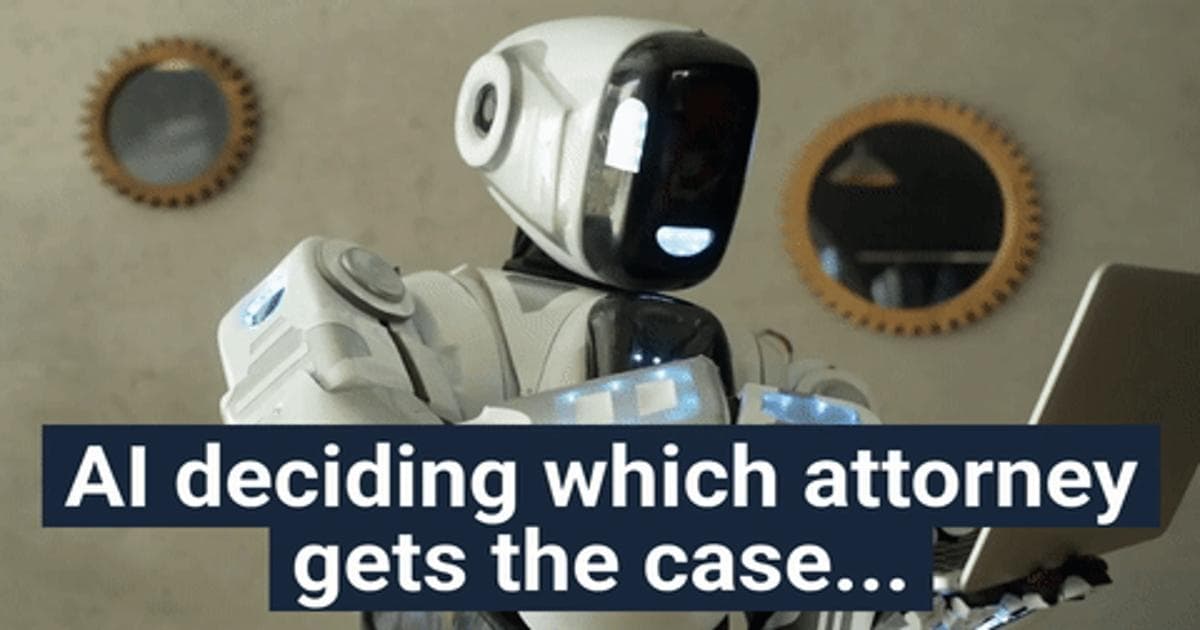 Poster frame reading 'AI deciding which attorney gets the case' over a robot working on a laptop.
