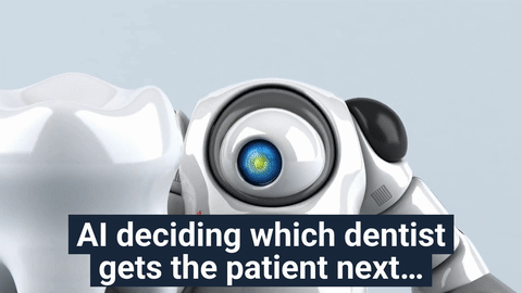 A humanoid robot holding a large tooth with the caption ‘AI deciding which dentist gets the patient next,’ representing how AI search engines choose dental practices based on structured treatment information and directory data.