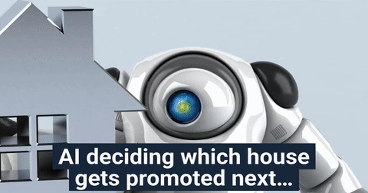 Poster frame of a robot peeking around a house model with the caption about AI deciding which house gets promoted next.