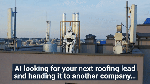 A humanoid robot walking on a rooftop among antennas with the caption AI looking for your next roofing lead and handing it to another company, symbolizing AI search engines giving roofing jobs to competitors with better structured websites.
