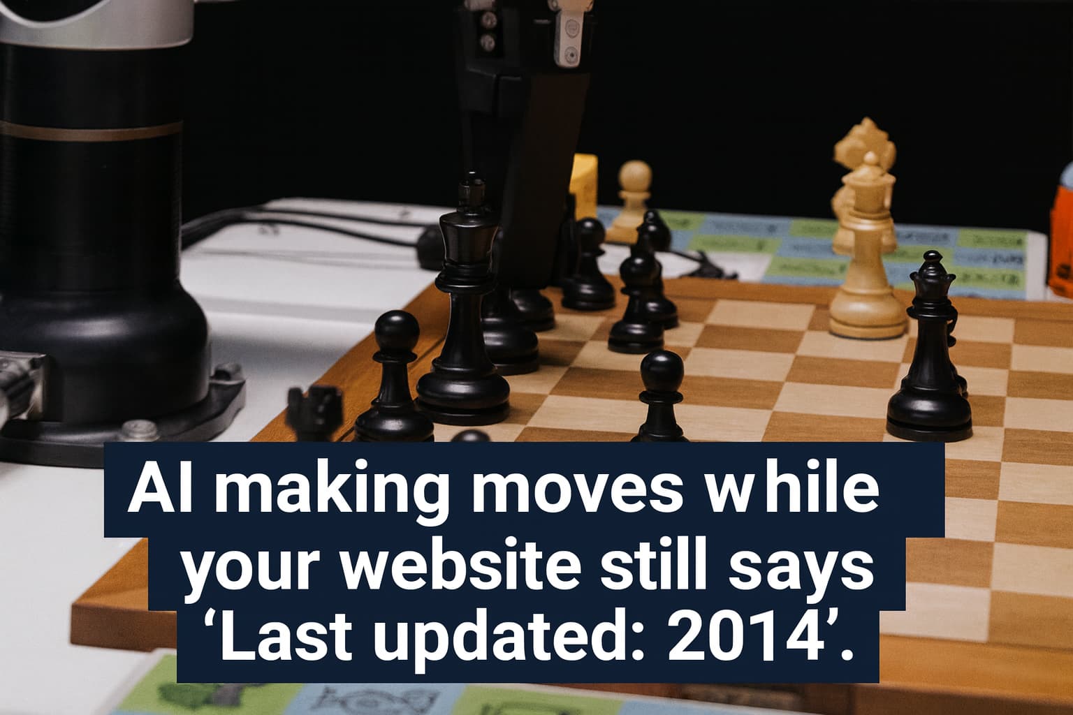 Poster frame of a robot arm playing chess with the caption about AI making moves while your website still says last updated 2014.