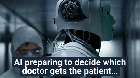 A humanoid robot in a clinical hallway with a clinician in the background and the caption ‘AI preparing to decide which doctor gets the patient,’ representing how AI search engines choose physicians based on structured data, NPI records, and medical directories.