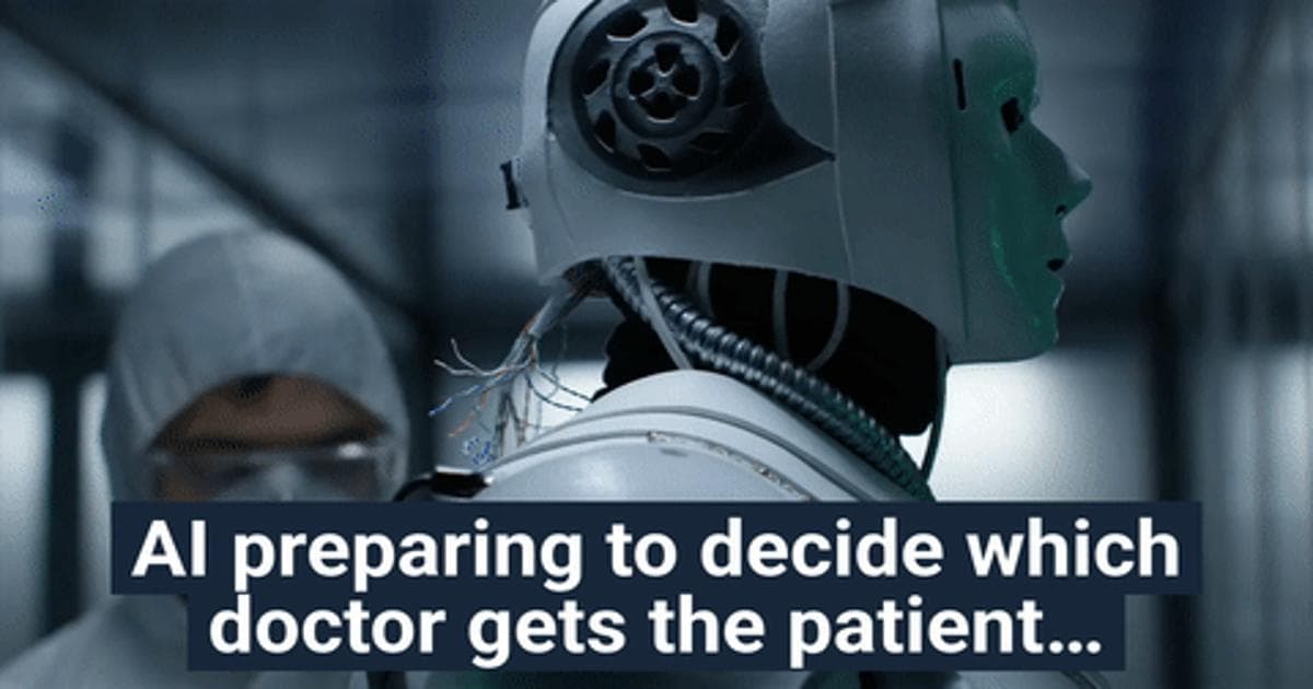 Poster frame of a humanoid robot in a clinical hallway with the caption about AI deciding which doctor gets the patient.