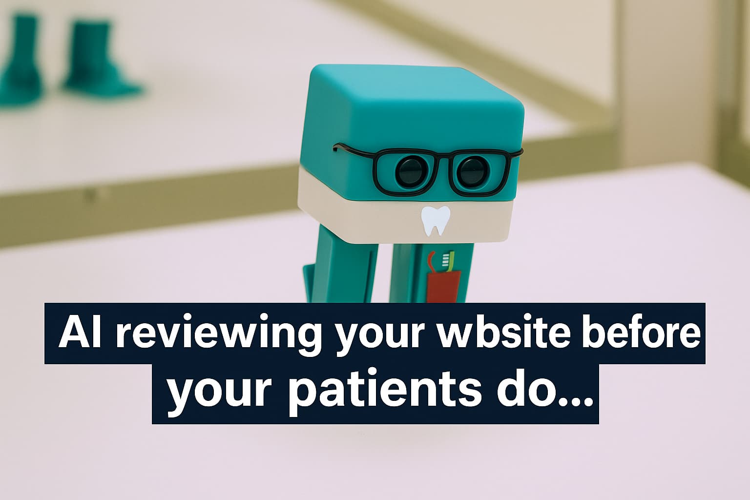 Poster frame of a teal cartoon robot doctor with glasses and a tooth icon on its chest with the caption about AI reviewing your website before your patients do.