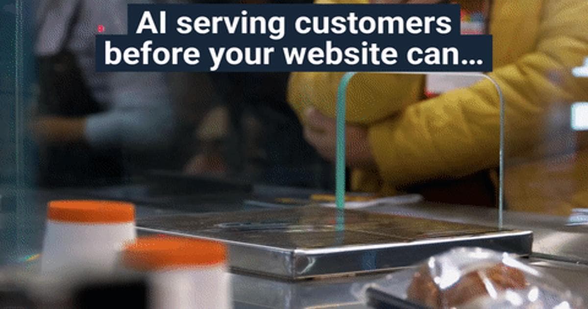 Poster frame of a counter service scene with the caption about AI serving customers before your website can.