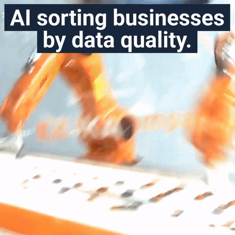 Two bright orange robotic arms working over a conveyor belt, quickly sorting small objects as the caption reads “AI sorting businesses by data quality,” illustrating how AI search engines separate clean structured data from messy outdated information.