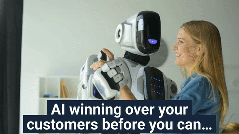 A woman smiling and dancing with a humanoid robot with the caption ‘AI winning over your customers before you can,’ representing how AI search engines influence customer decisions before a business ever talks to them.
