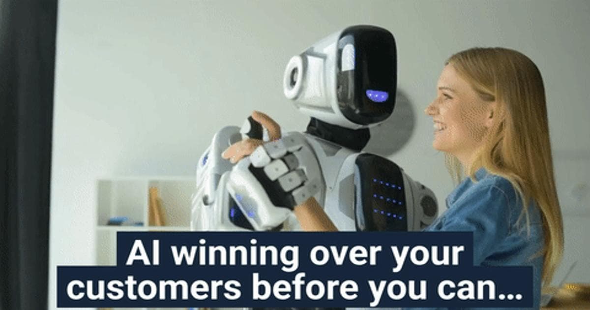 Poster frame of a woman dancing with a humanoid robot with the caption about AI winning over your customers before you can.
