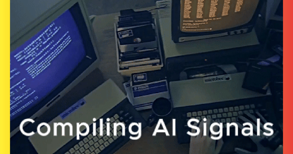 Poster frame of a retro 80s computer desk with the words Compiling AI Signals.