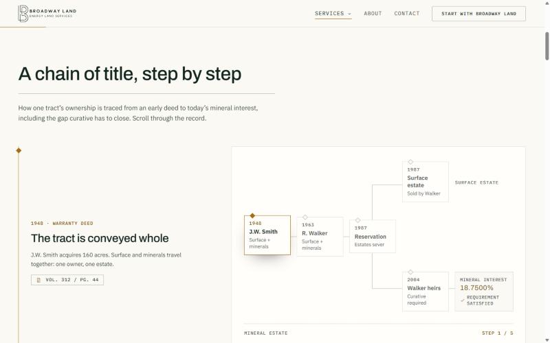 The new Title Services page: an interactive 'A chain of title, step by step' graph tracing a tract from a 1948 warranty deed through owners and a reservation to a present-day 18.75% mineral interest.