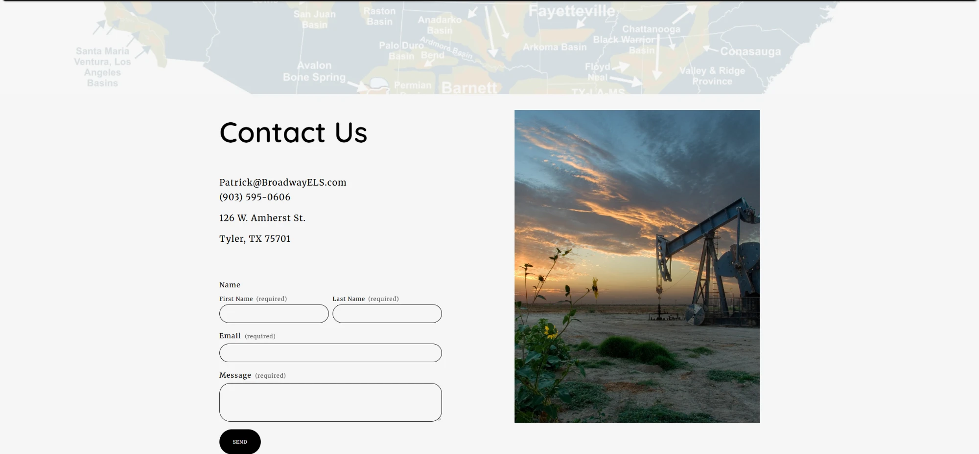 The old site's 'Contact Us' section with a Squarespace contact form over a faint basins map background and a stock pumpjack-at-sunset photo.