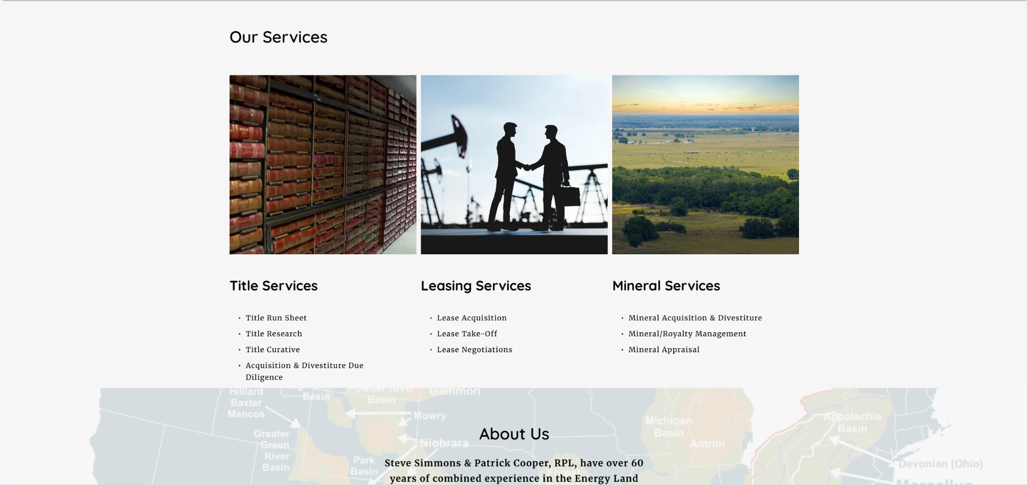 The old site's 'Our Services' section listing Title, Leasing, and Mineral services as short bullet lists under stock photos of law books, a silhouetted handshake, and a pasture.