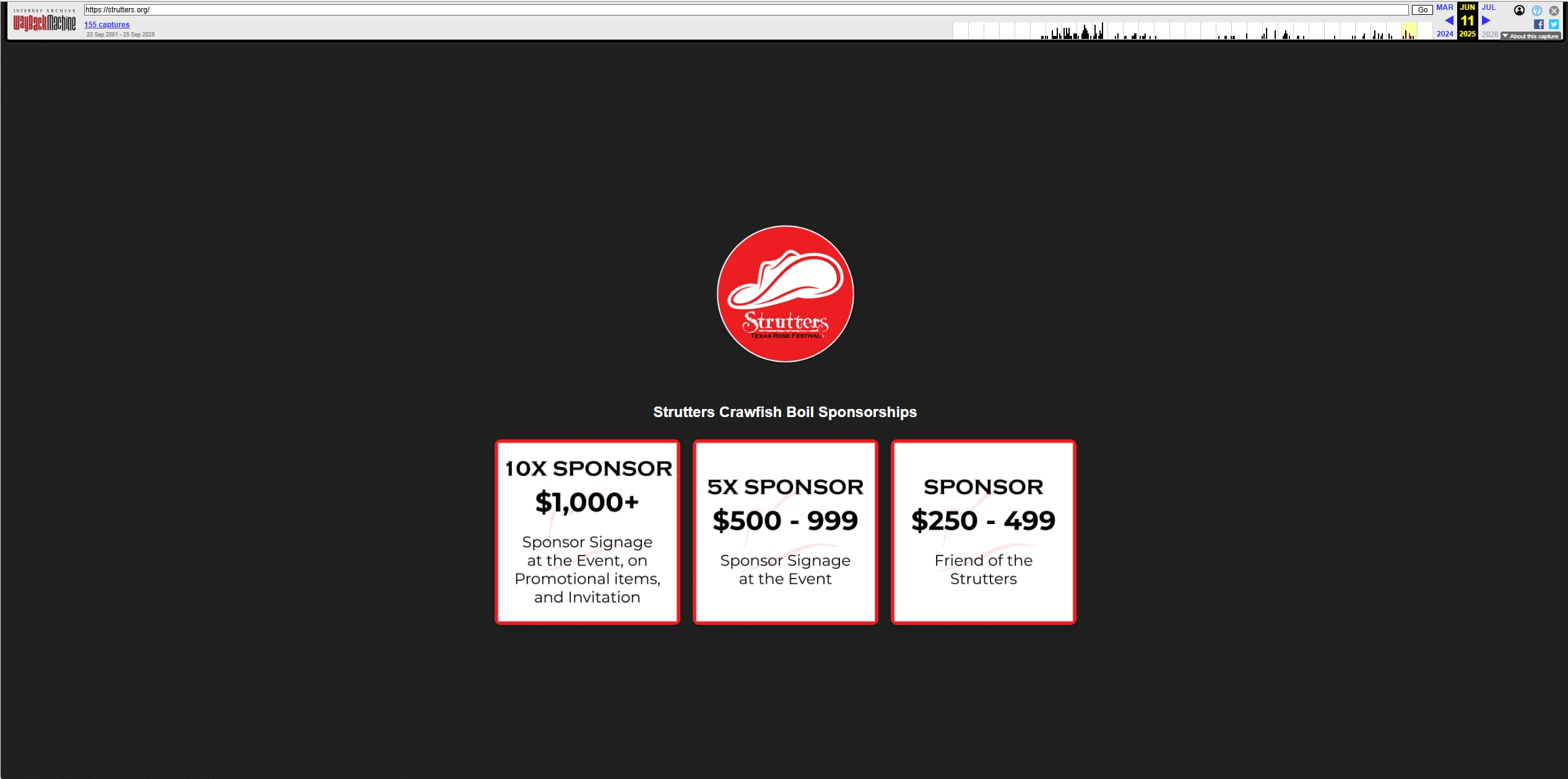 Later archived version of the old Strutters website showing sponsor boxes for 10X, 5X, and sponsor tiers on a dark background with limited surrounding context.