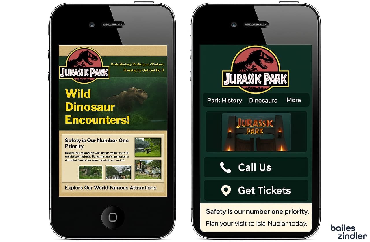 Side-by-side comparison of an outdated desktop-style mobile site and a streamlined m-dot mobile site redesign for Jurassic Park